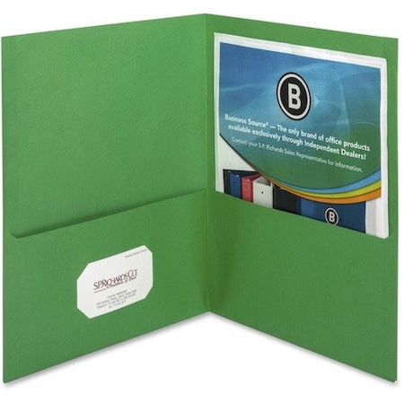 Business Source 2-Pocket Folders, 100 Sht Cap, Letter, 12inx9in, GREEN, 25PK BSN78493